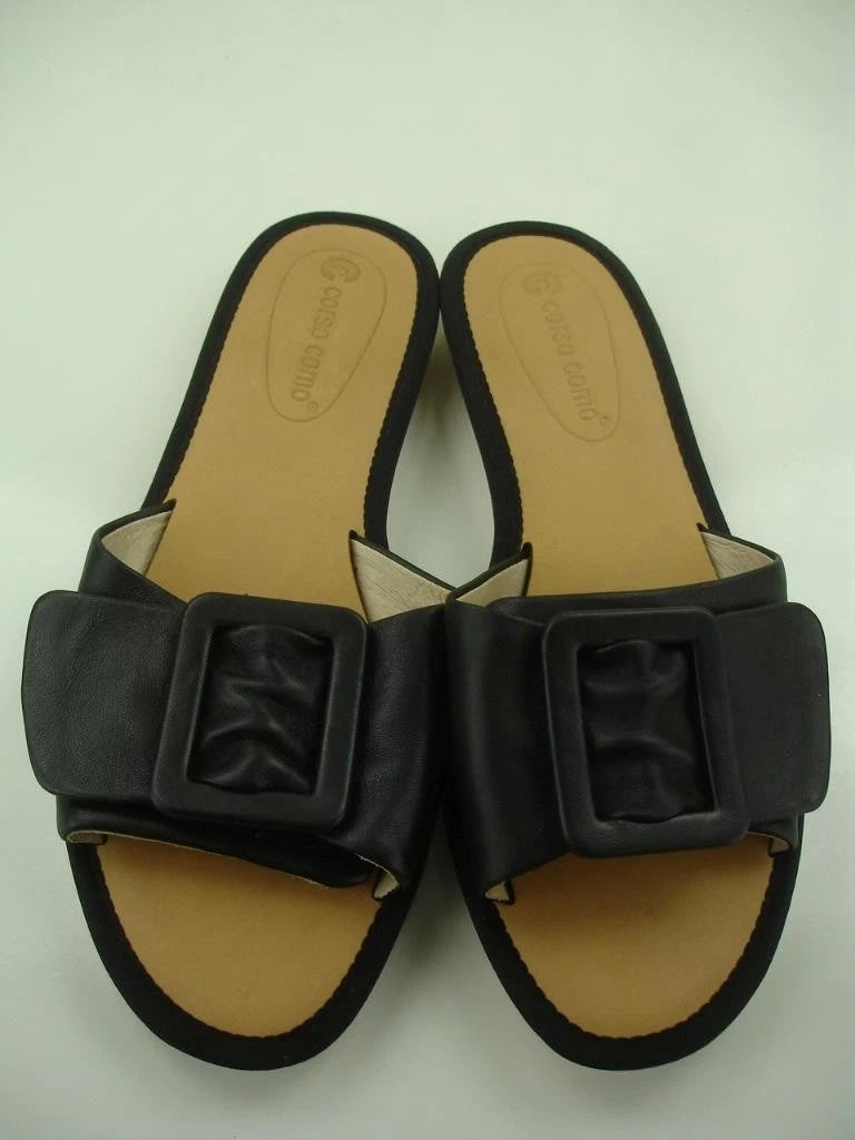 Women's 8.5 M Corso Como Bahlia Black Leather Flat Sandals Buckle Open Toe Slide