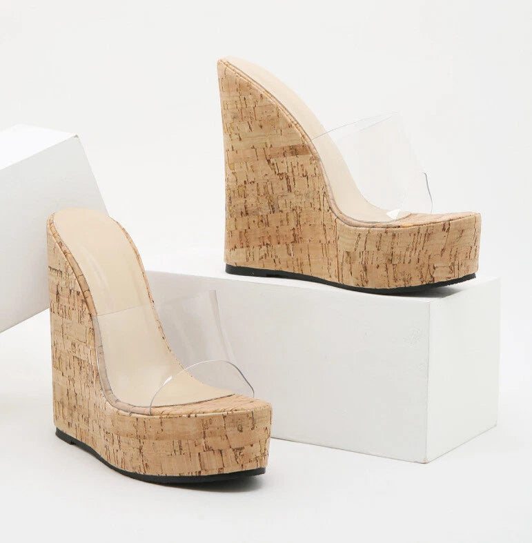 Womens Super High Wedge Heel Clear Transparent Mule Sandals Slide Platform Shoes