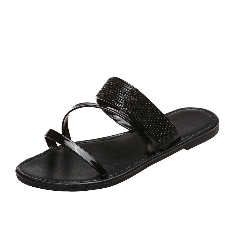 Women's Shiny Rhinestones Flat Slides Fashion Peep Toe Summer Casual Beach Shoes