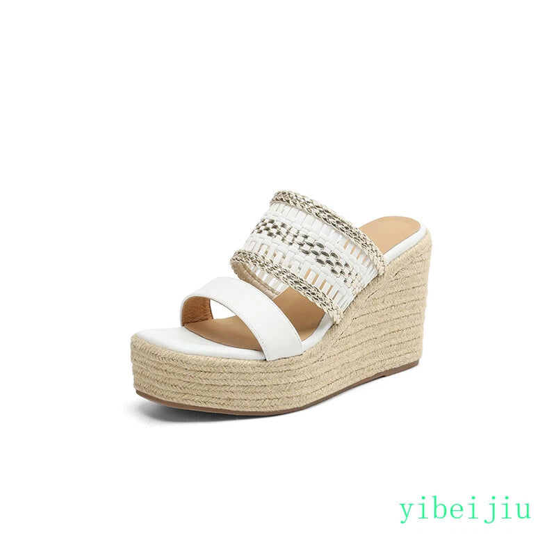 Women's Slipper Hemp Straw Weaving Platform Wedge Heel Mules Slides Sandals Lady