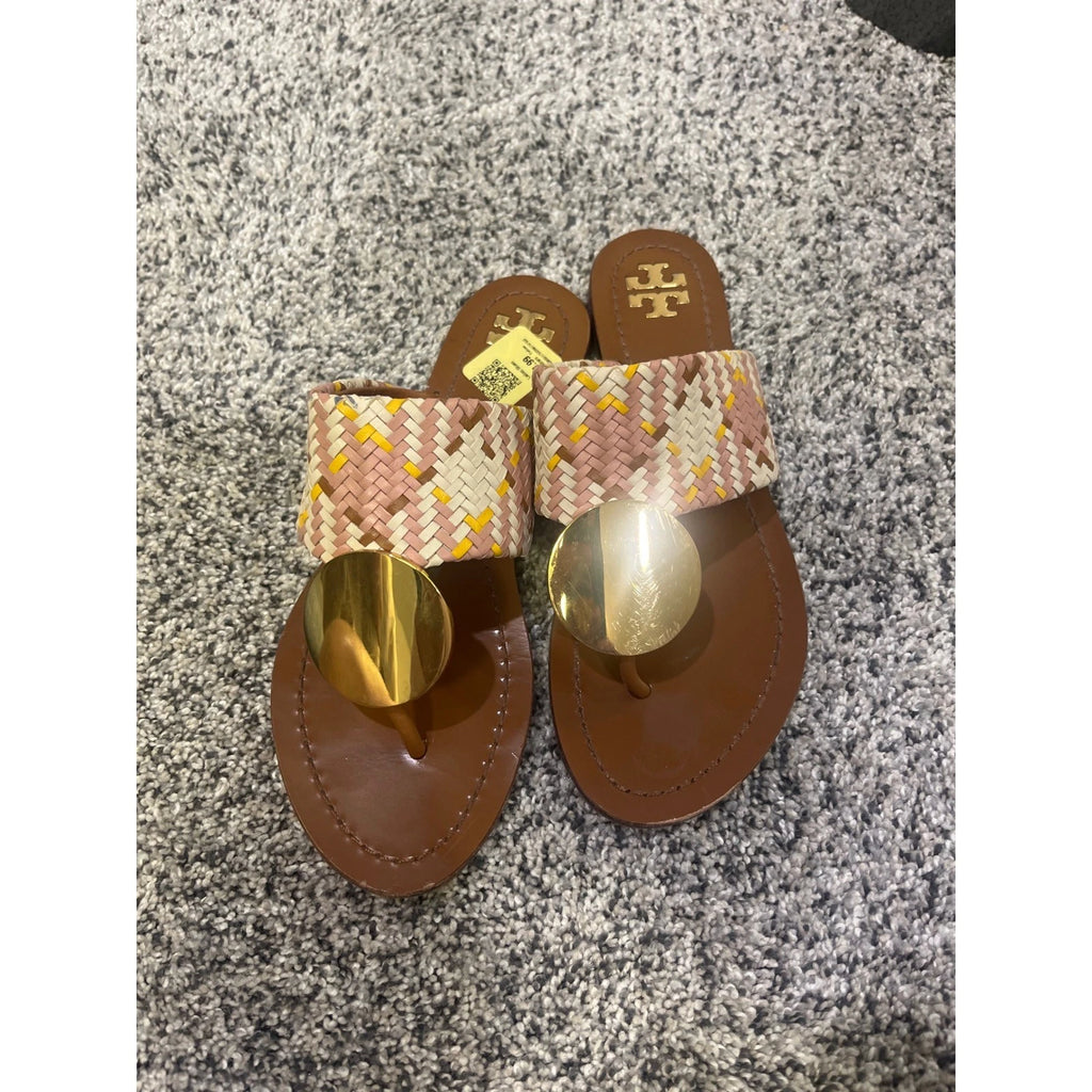 Tory Burch Woven Braided Leather Thong Sandals Gold Medallion Slides Boho Resort