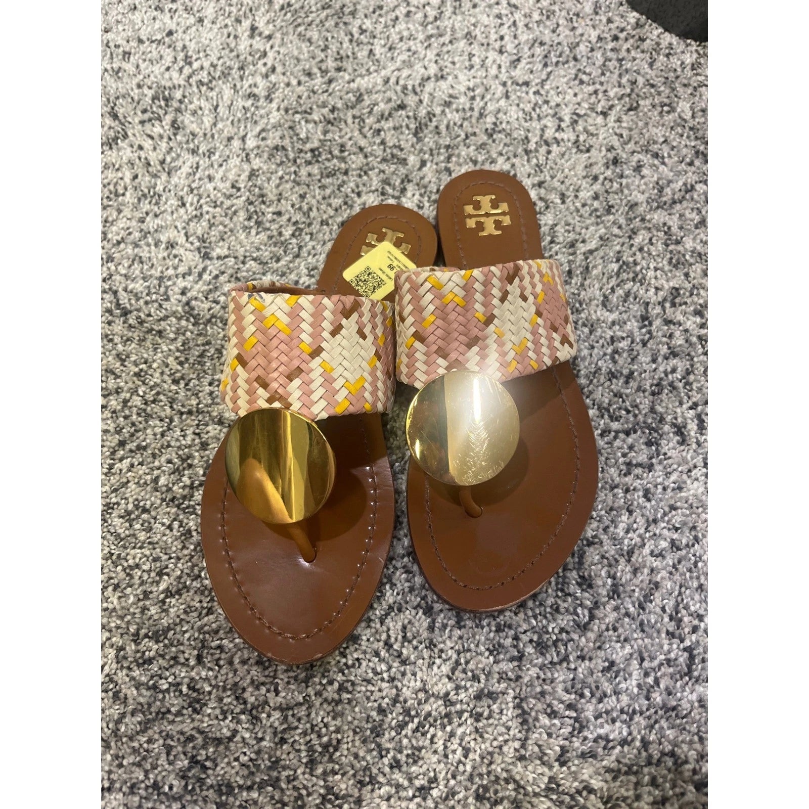 Tory Burch Woven Braided Leather Thong Sandals Gold Medallion Slides Boho Resort