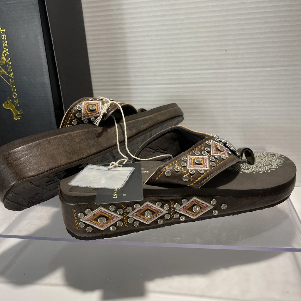 Montana West Embroidered Rhinestones Conch Western Style Wedge Sandals Sz11-11.5
