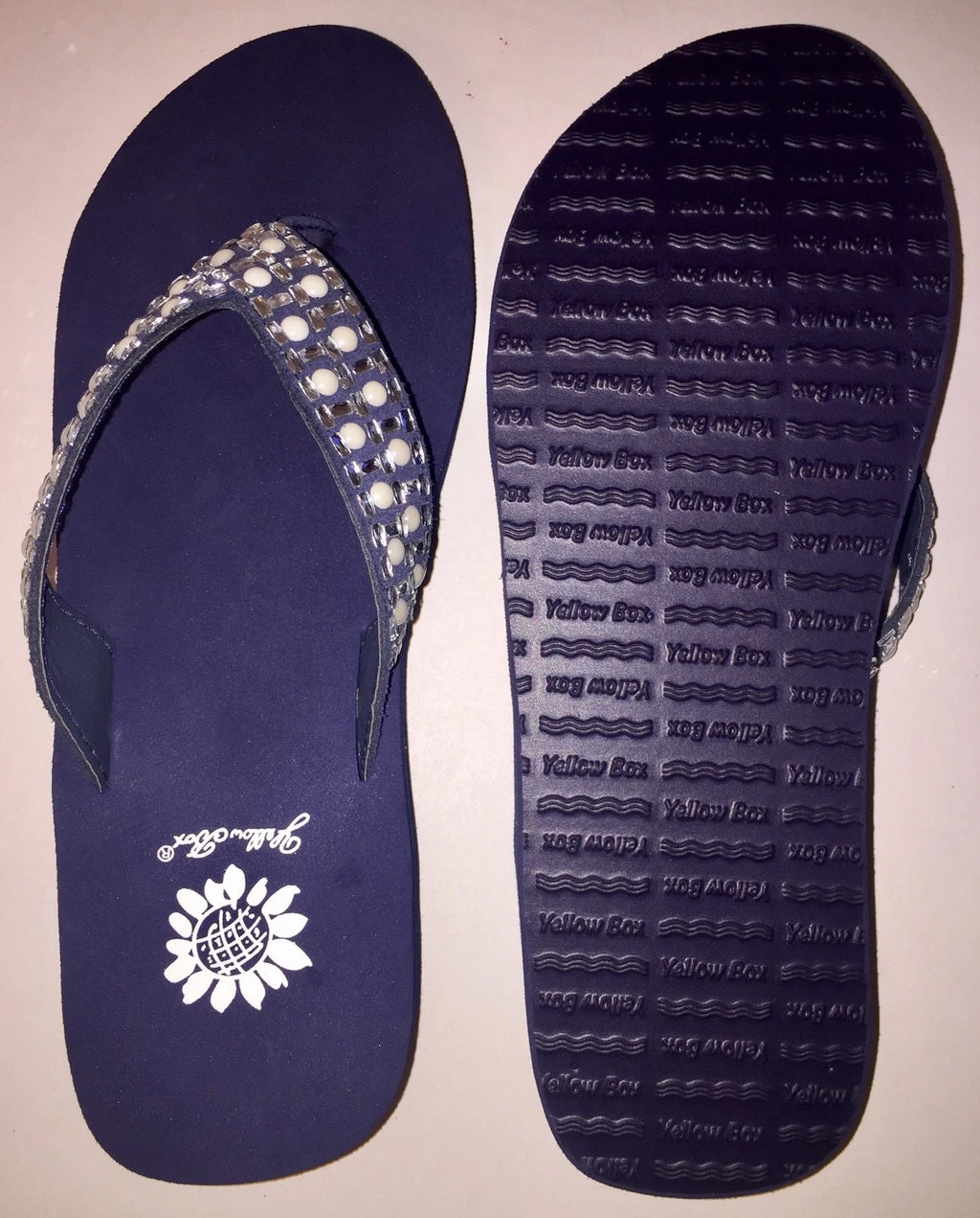 Yellow Box Flip Flops Sandals Women's Touch Wedge Pearl Jeweled Blue Black NWT