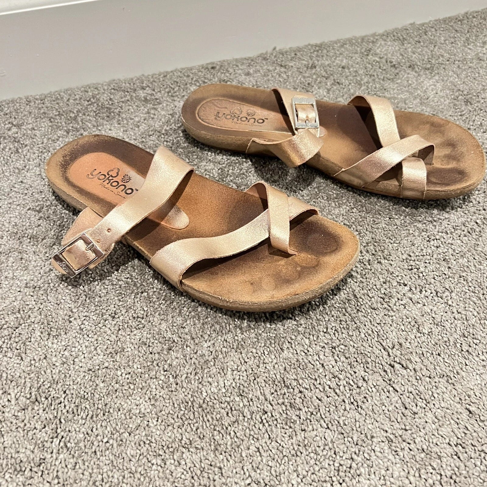 Yokono Ibiza Rose Gold Birki Style Cork Sandals 8 Thong Slide Cork Comfort
