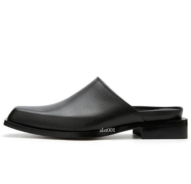 Men's Square Toe Genuine Leather Slippers Fashion Casual Mules Slides Shoes