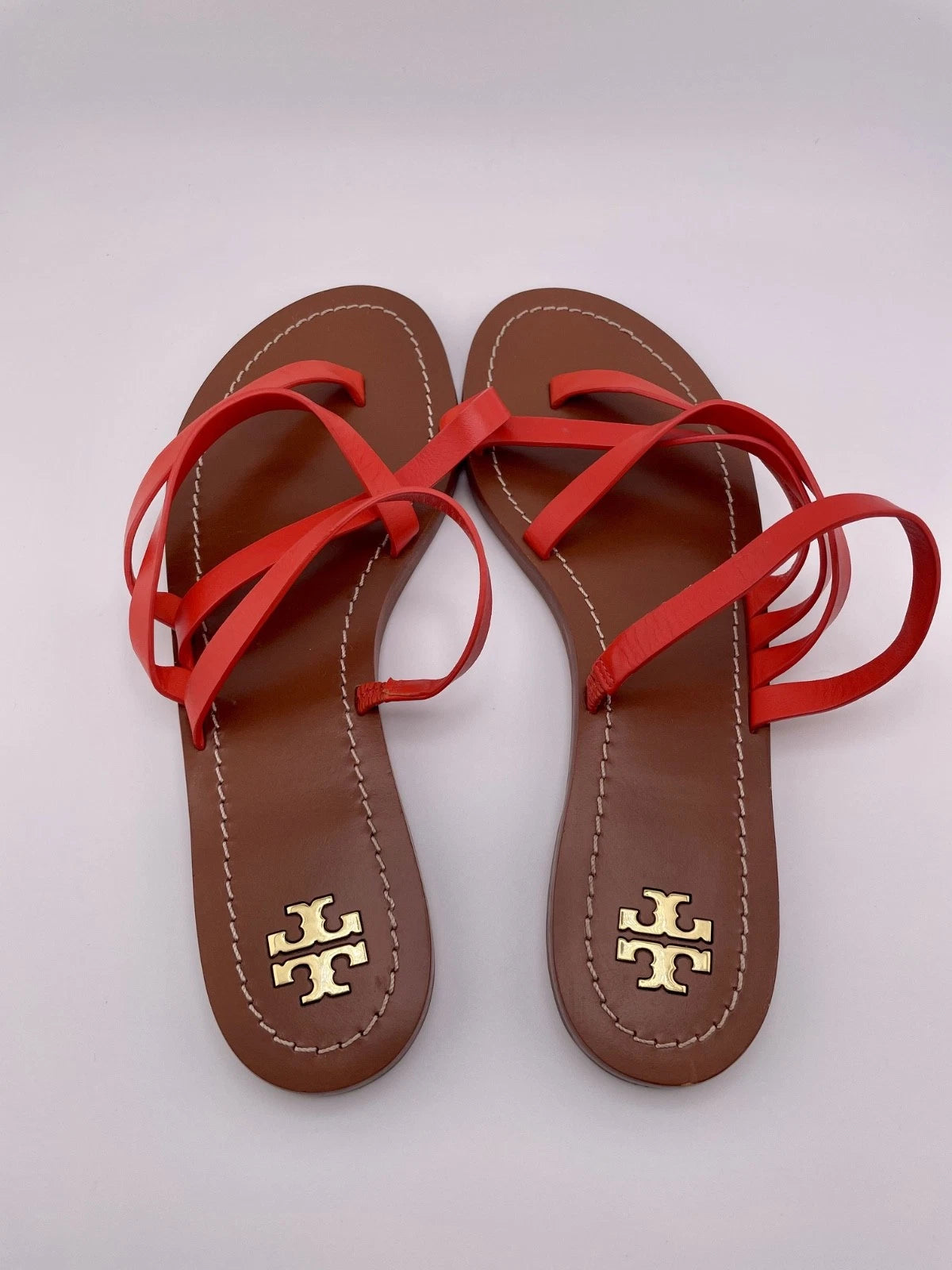 Tory Burch Patos Strappy Flats Slides in Samba Red Vachetta Leather Size 8.5