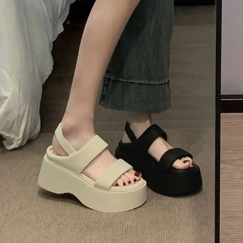 Summer 2025 Wedge Heels Slides 8CM High Heels Leather Casual Bottom Flip Flops