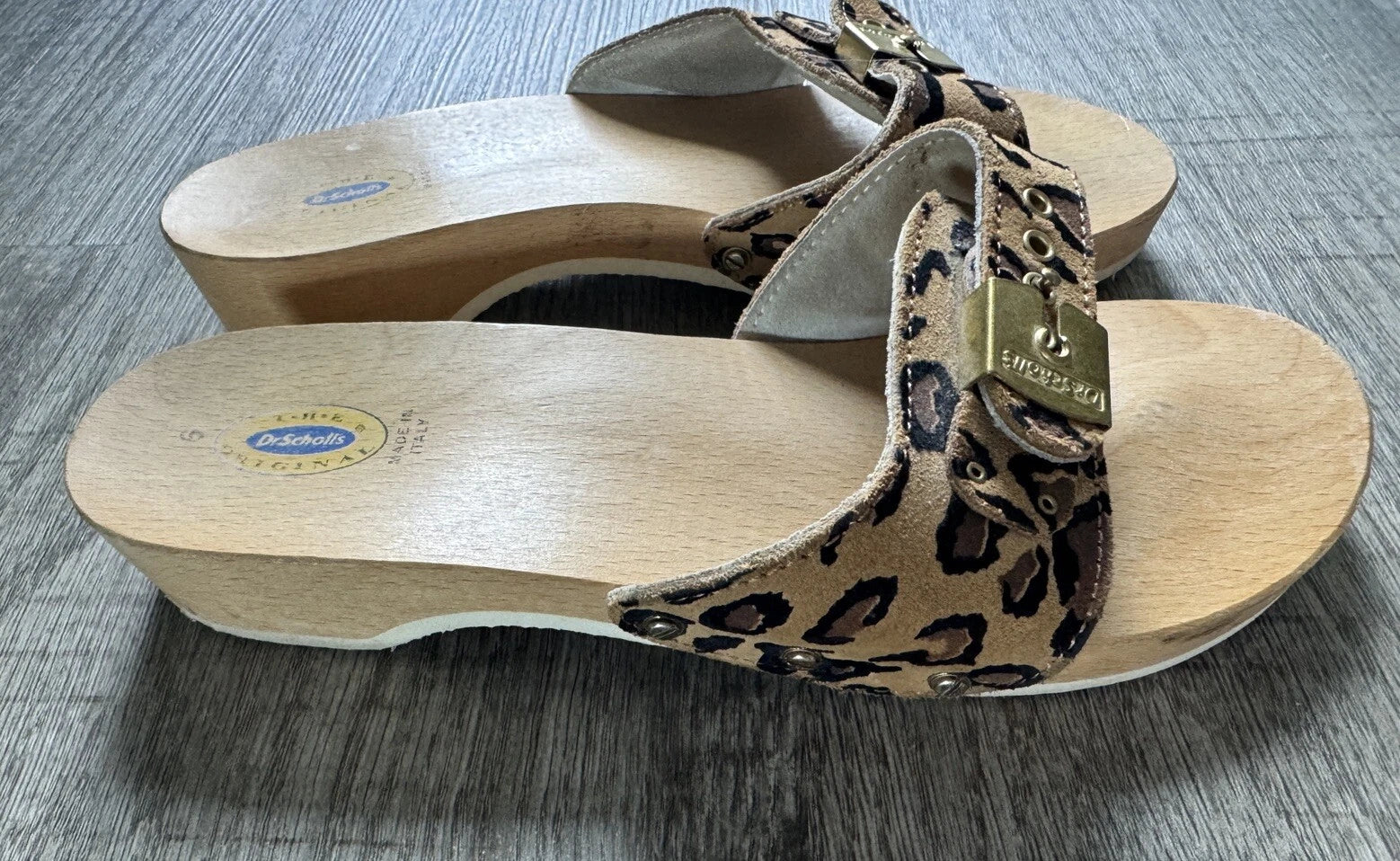 VTG Dr Scholl's Leopard Animal Wood Exercise Sandals Size 6 Made in Italy