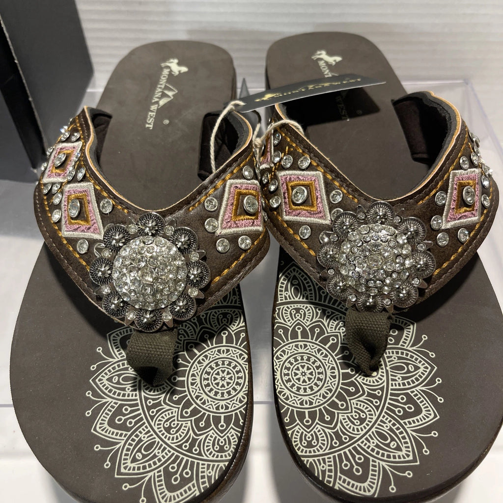Montana West Embroidered Rhinestones Conch Western Style Wedge Sandals Sz11-11.5