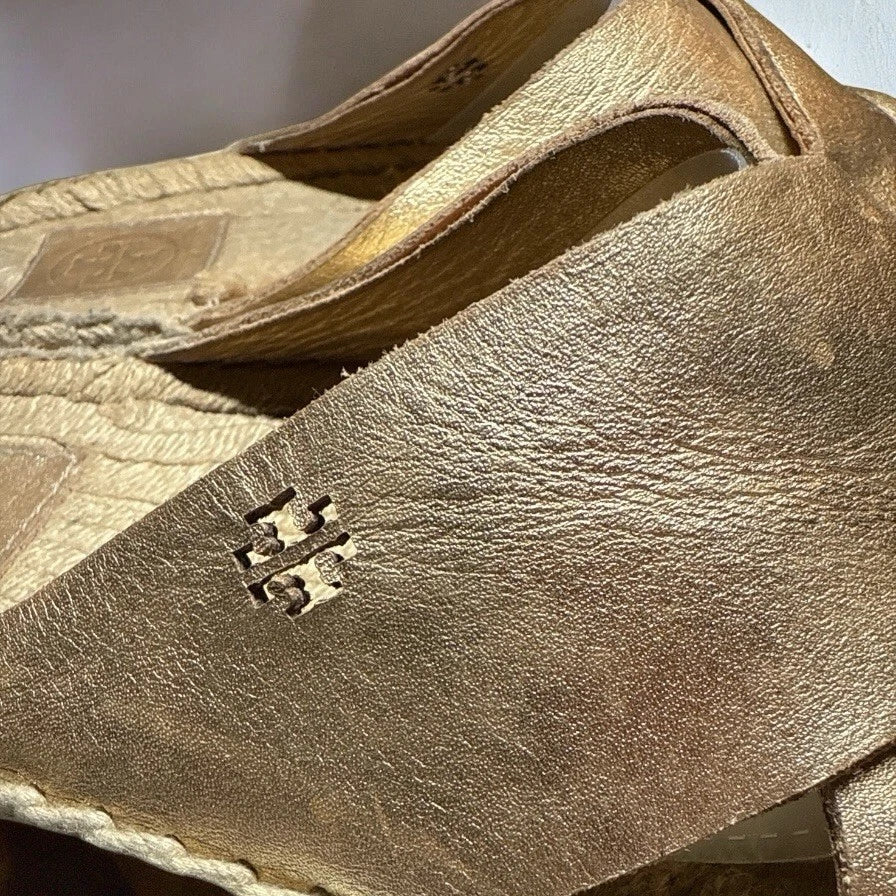 Tory Burch Sz 6.5 Bima Gold Metallic Leather Espadrille Sandals Slides Flats