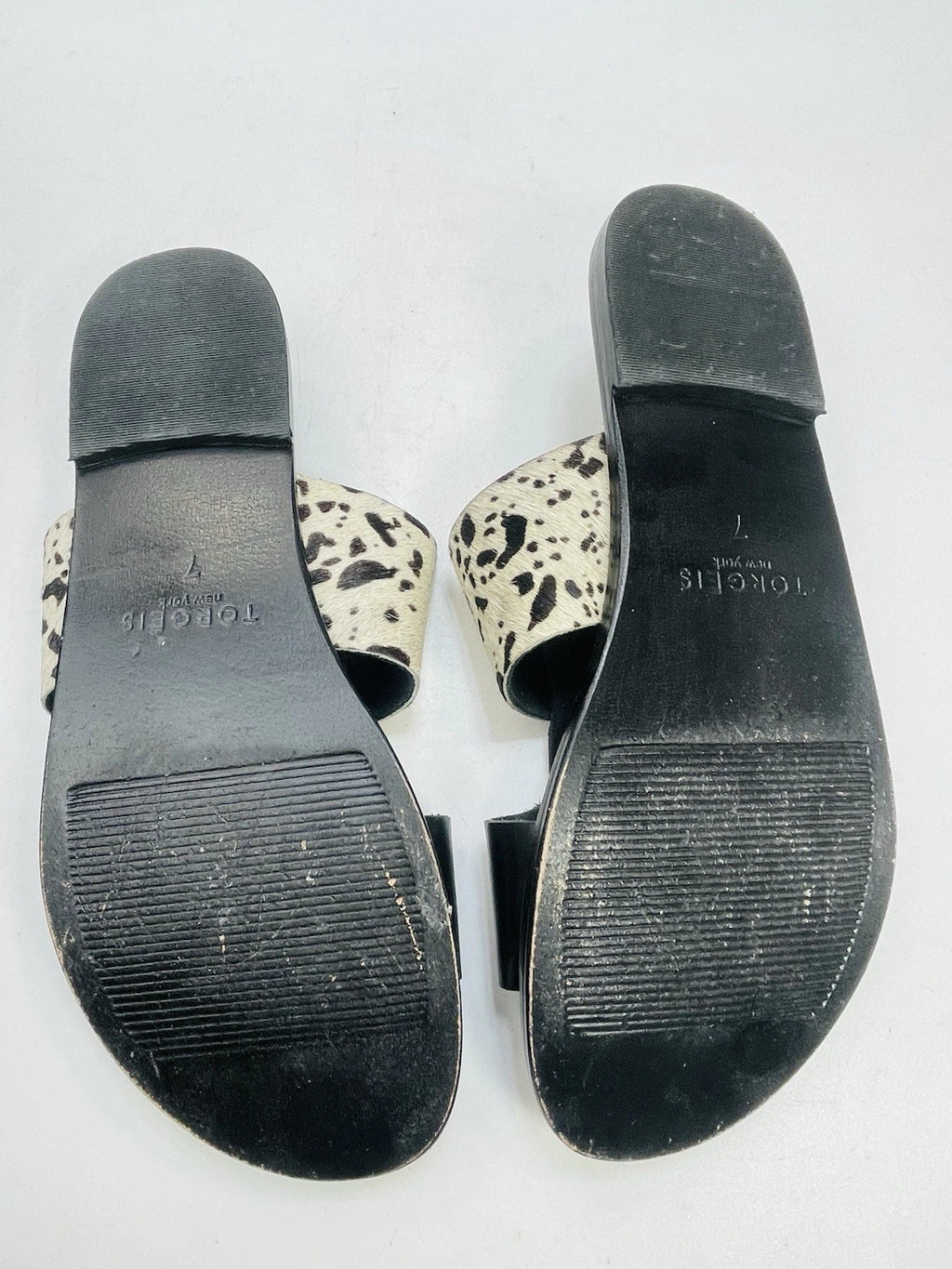 Torgeis New York Sz 7 Epona Slide Sandals Black Leather Pony Calf Hair #FEI1059