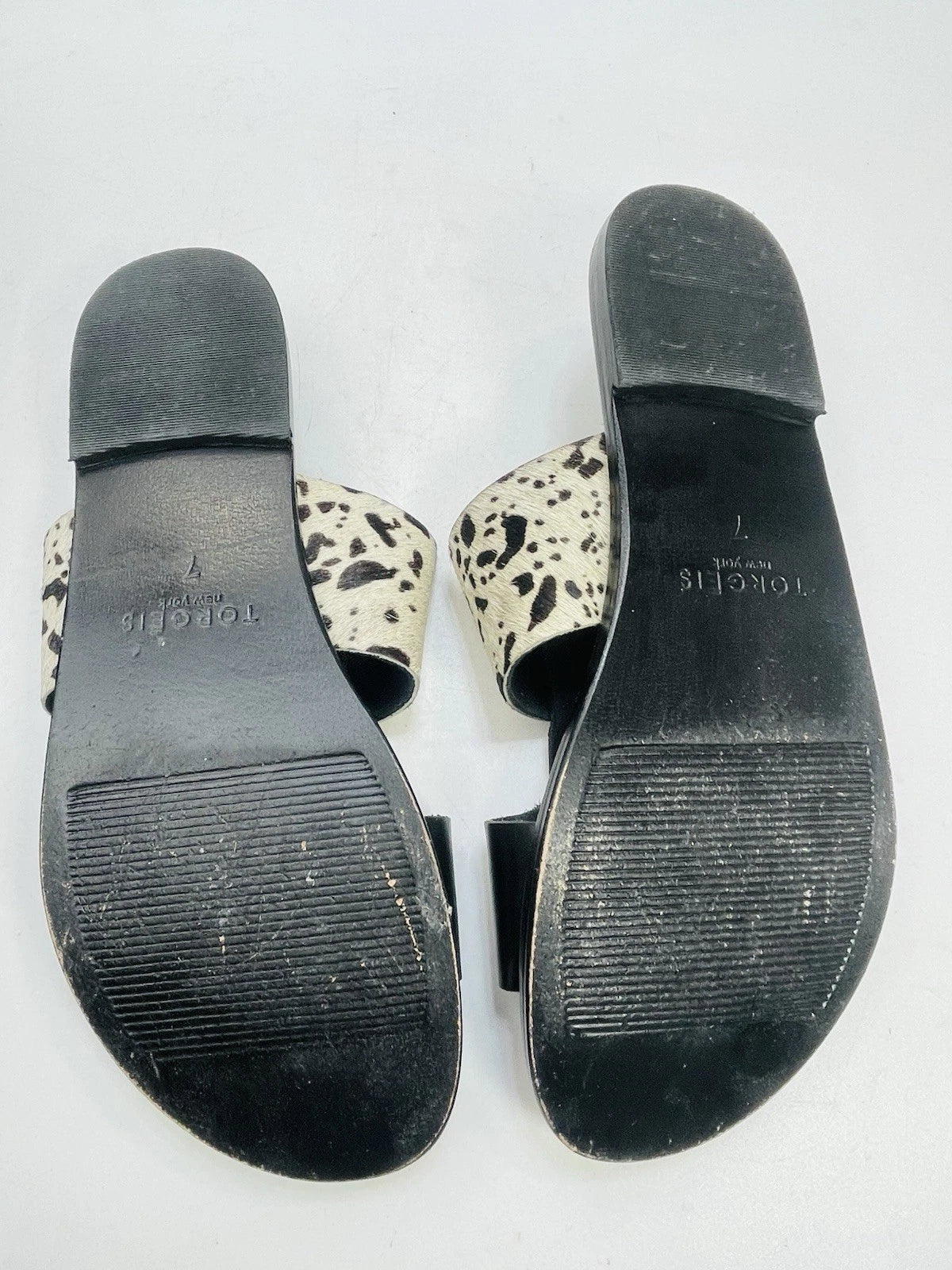 Torgeis New York Sz 7 Epona Slide Sandals Black Leather Pony Calf Hair #FEI1059