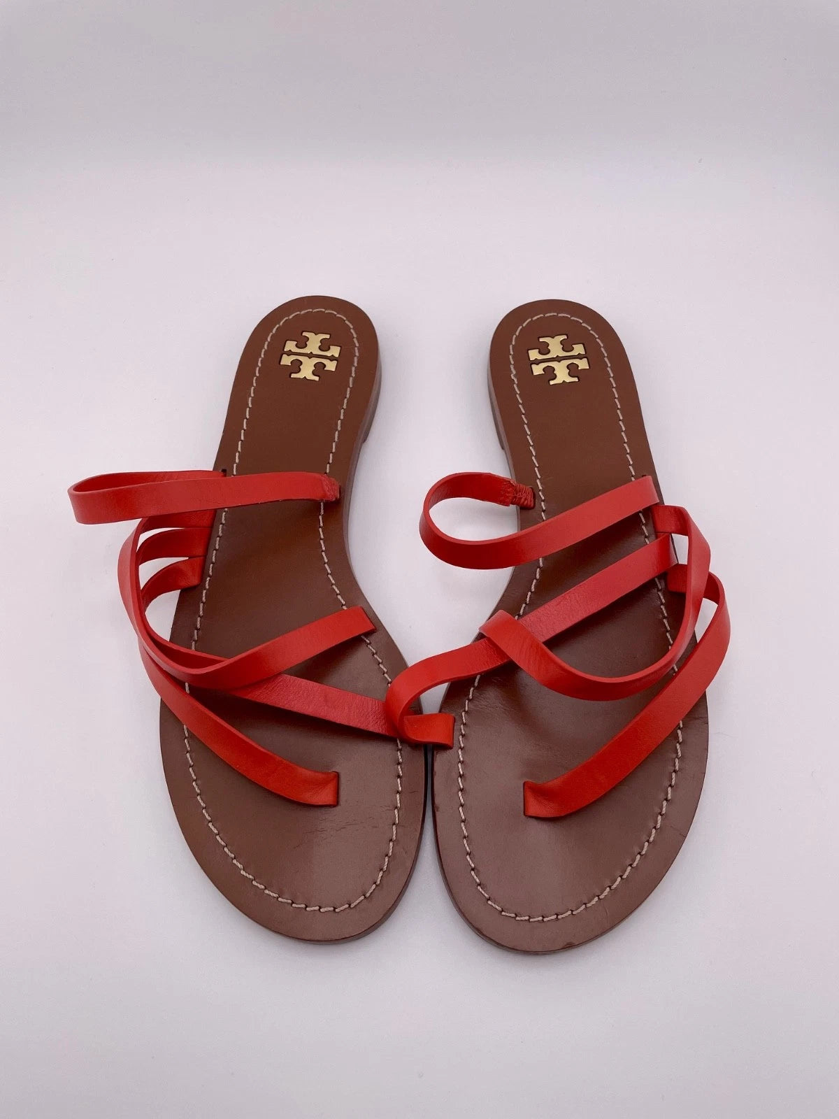 Tory Burch Patos Strappy Flats Slides in Samba Red Vachetta Leather Size 8.5