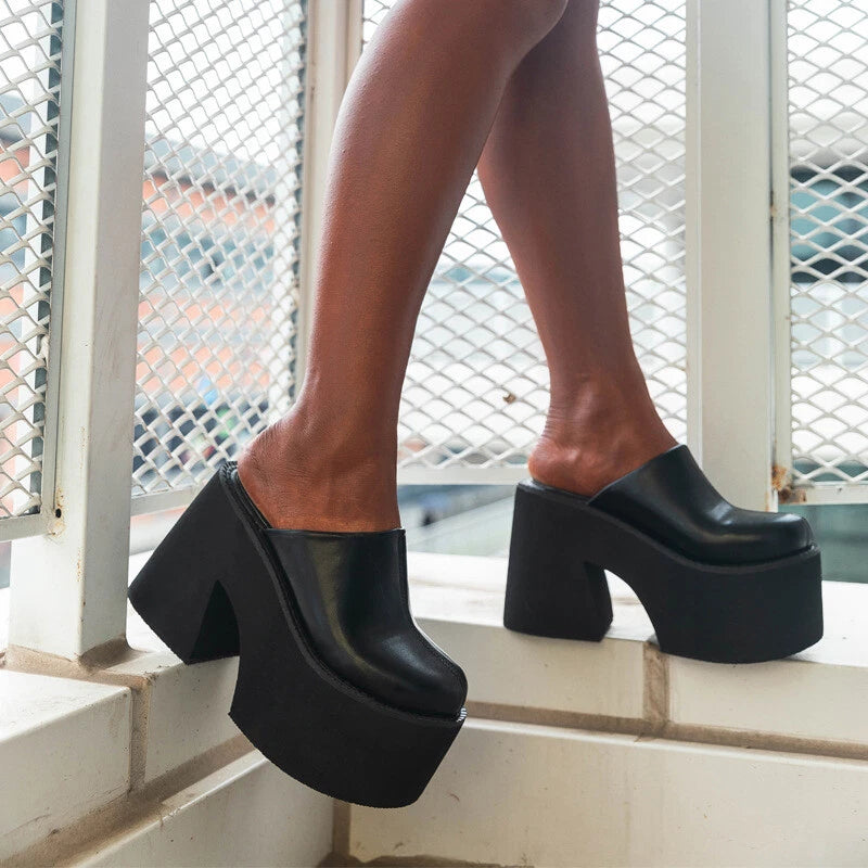 Women's High Platform High Block Heel  Slippers Slides Round Toe Sandals Shoes