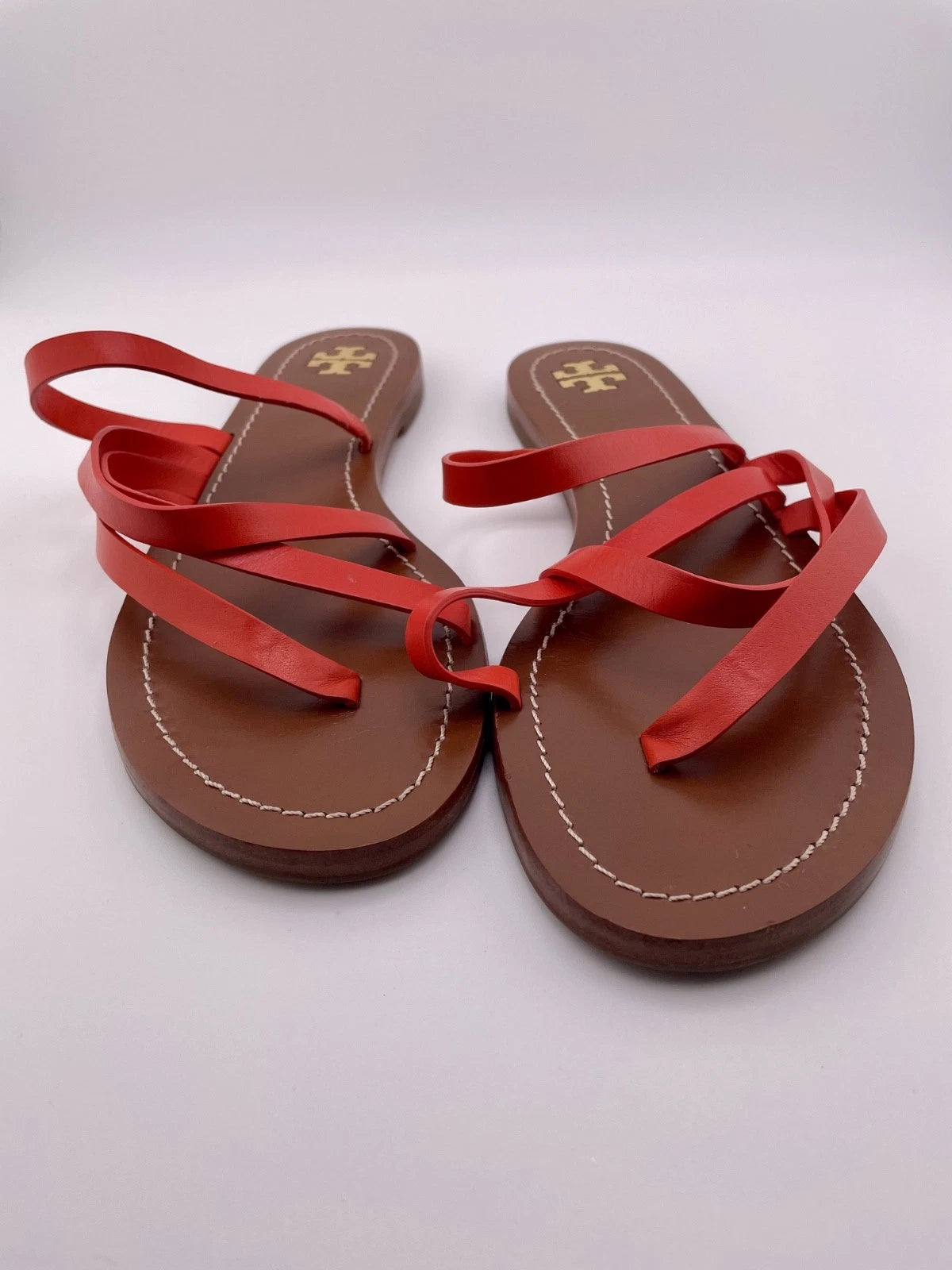 Tory Burch Patos Strappy Flats Slides in Samba Red Vachetta Leather Size 8.5