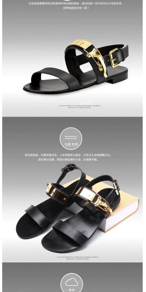 Open Toe Sandals Slingback Metal Trim Casual Real Leather Mens Shoes Roman Style