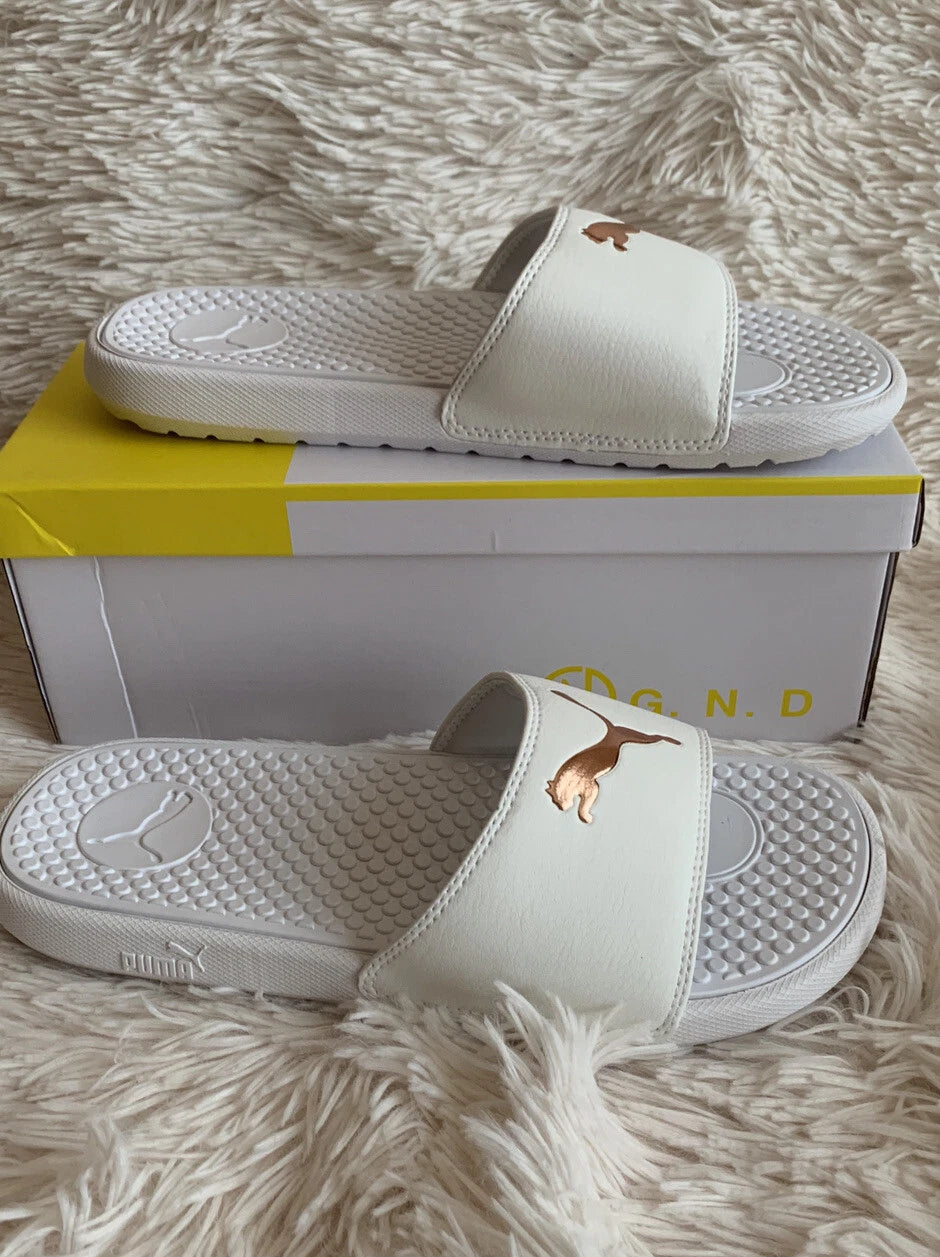 Women’s Slides Size 8 PUMA Cool Cat Sport Style: 371016 17 White Glow/Gold Rose