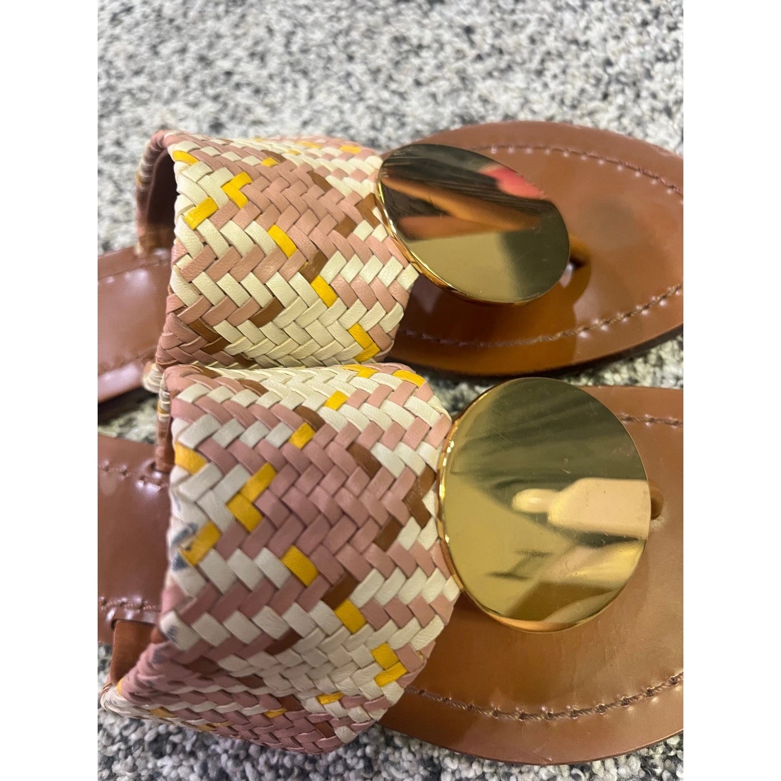 Tory Burch Woven Braided Leather Thong Sandals Gold Medallion Slides Boho Resort