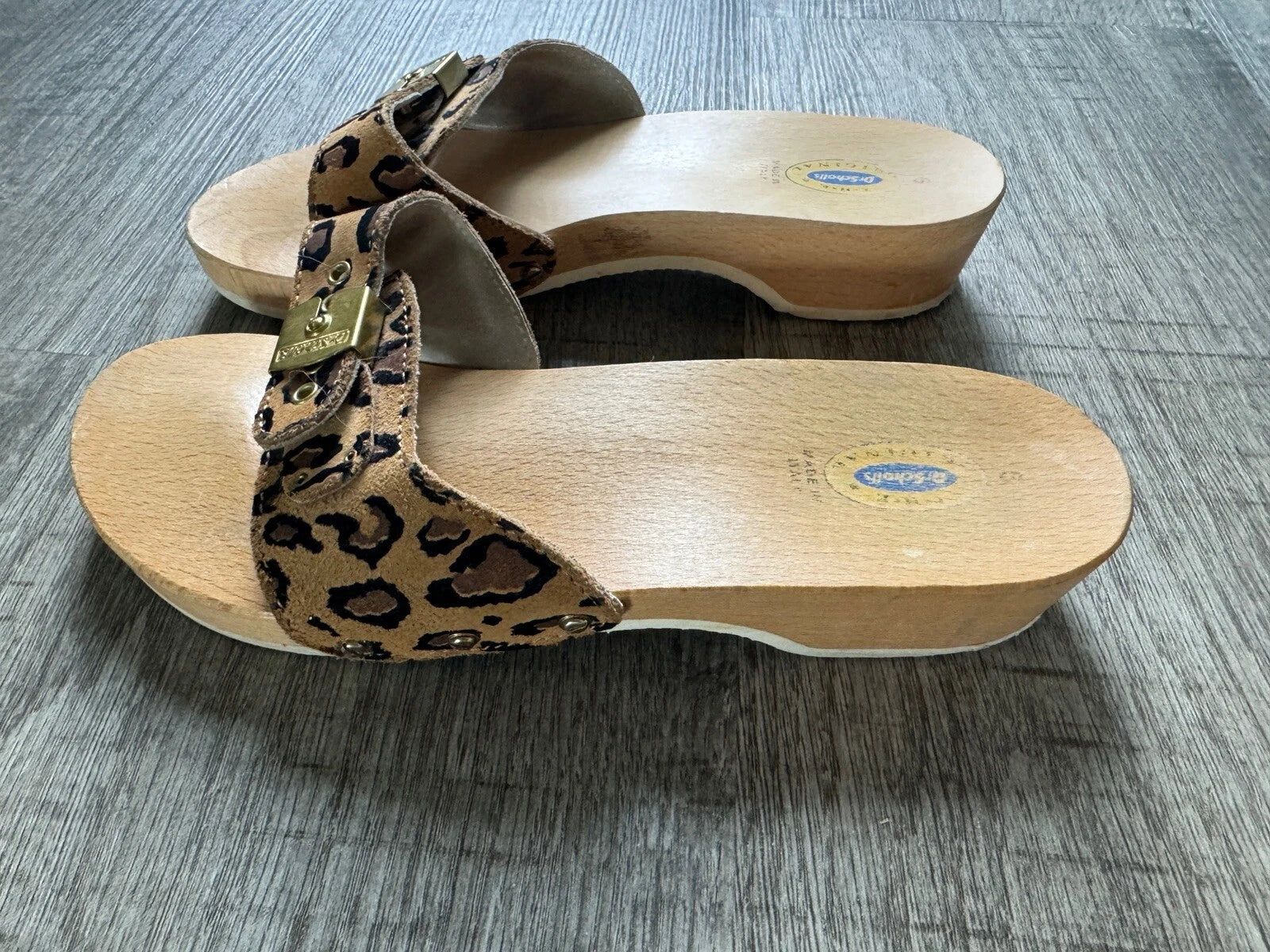 VTG Dr Scholl's Leopard Animal Wood Exercise Sandals Size 6 Made in Italy
