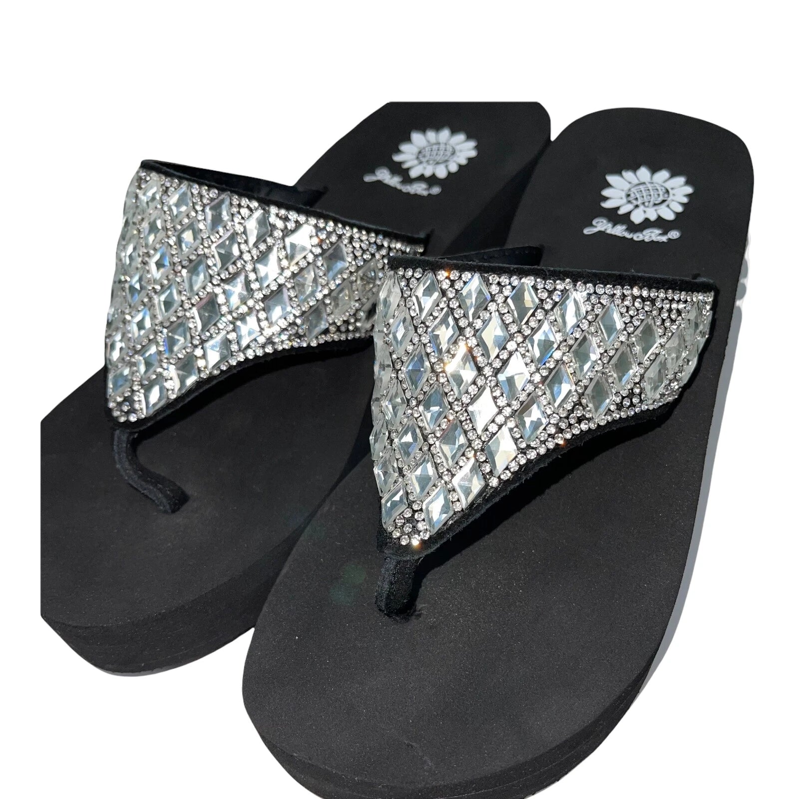 Yellow Box Flip Flops Harlequin Rhinestone Sparkle Wedge Sandals Womens Padmell