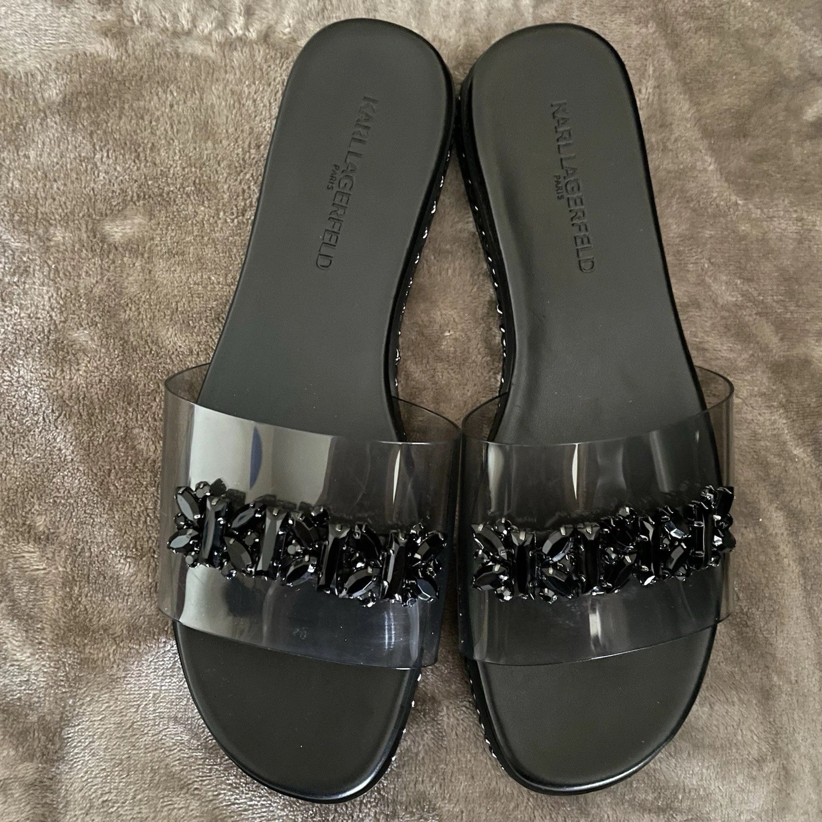 Resort Wear Slip On Vacay Beach Karl Lagerfeld Paris Sandal 9.5 Black Clear Top