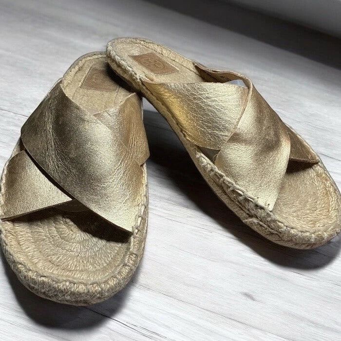 Tory Burch Sz 6.5 Bima Gold Metallic Leather Espadrille Sandals Slides Flats