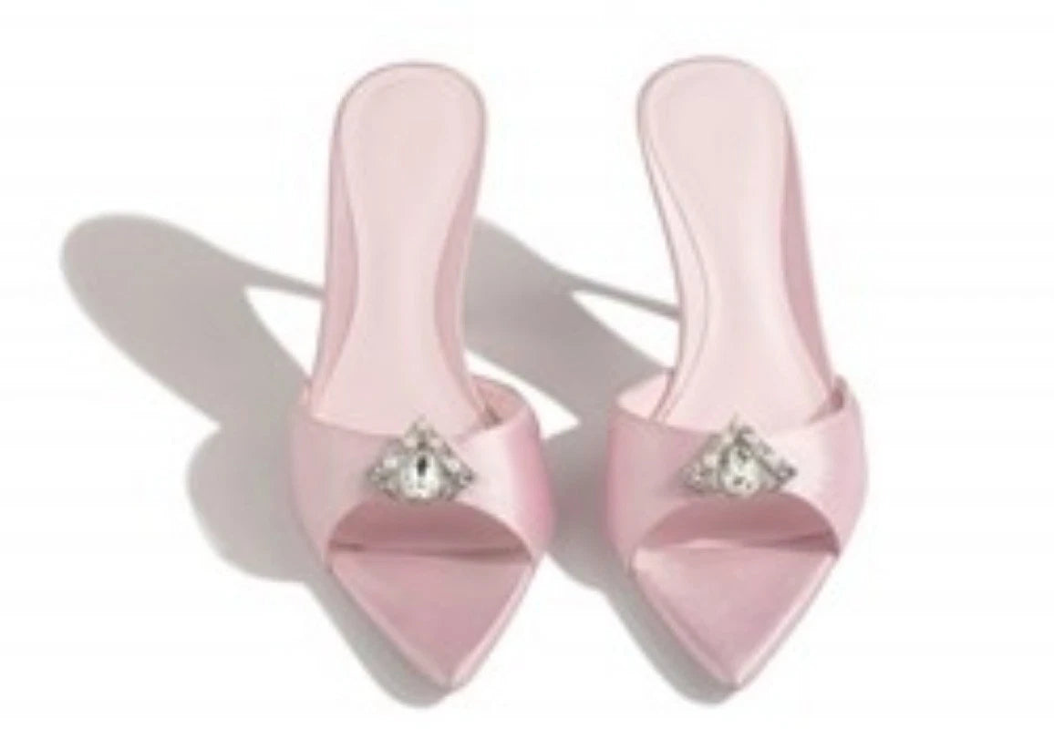 2025 Summer Women's Rhinestones Pointed Open Toe Mules Slides Slippers Sandals