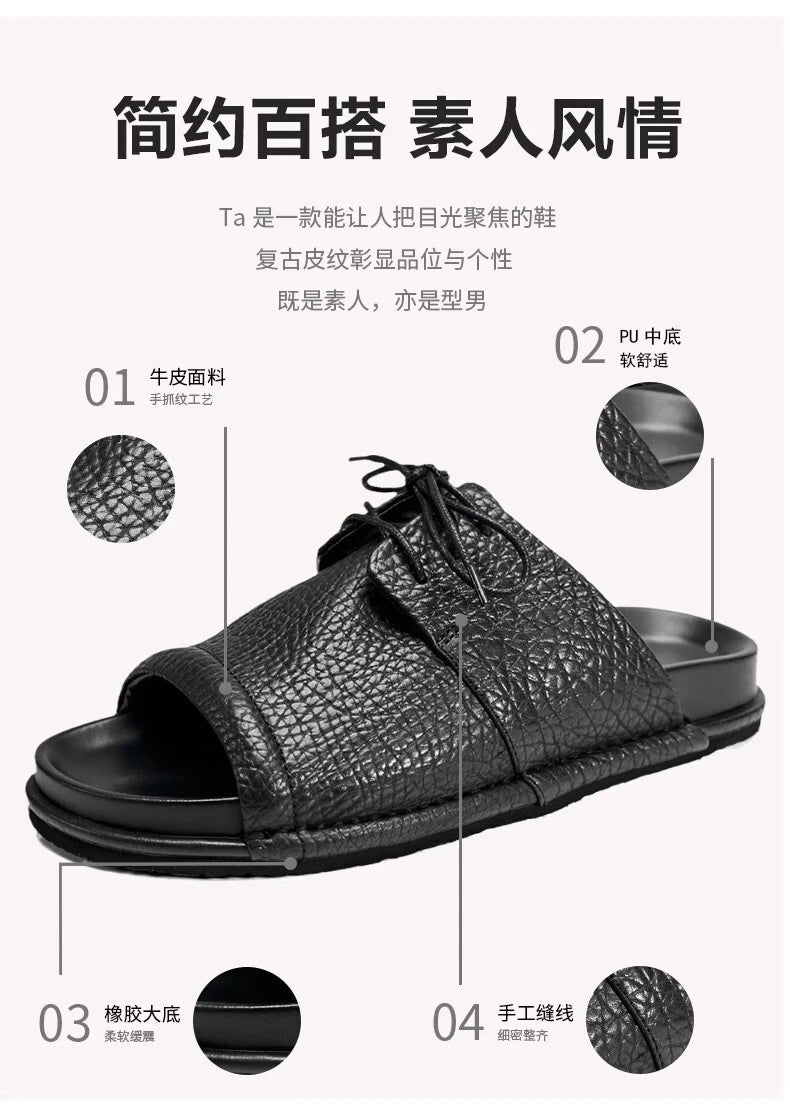 Men's Real Leather Slippers Open Toe Sandals Slides Lace Up Flat Comfort Casual