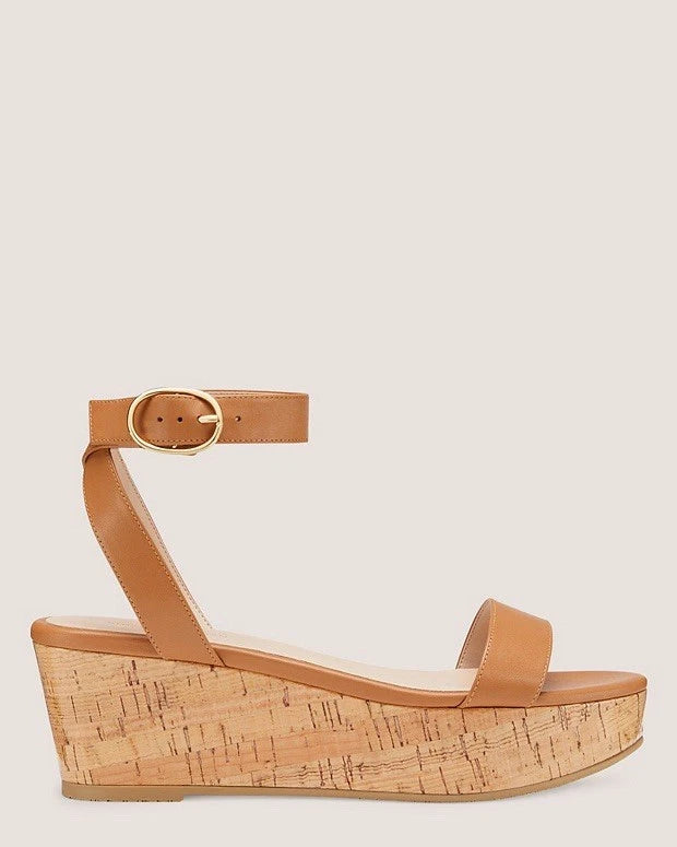 Stuart Weitzman Avenue 65 Platform Wedge Sandal Almond Tan Leather Cork Sz 8.5