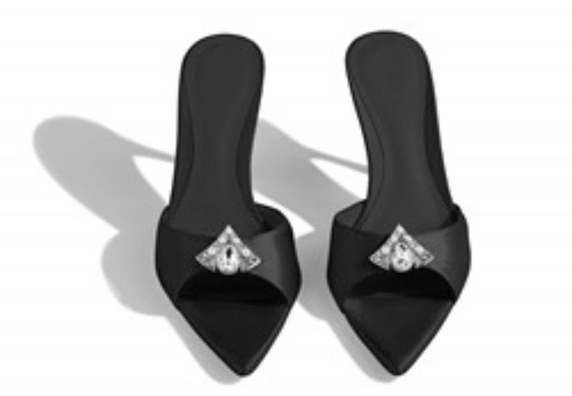 2025 Summer Women's Rhinestones Pointed Open Toe Mules Slides Slippers Sandals