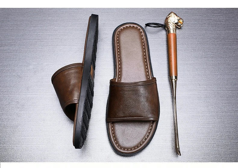Roman Style Mens Open Toe Sandal Slippers Real Leather Flat Shoes Summer Outdoor