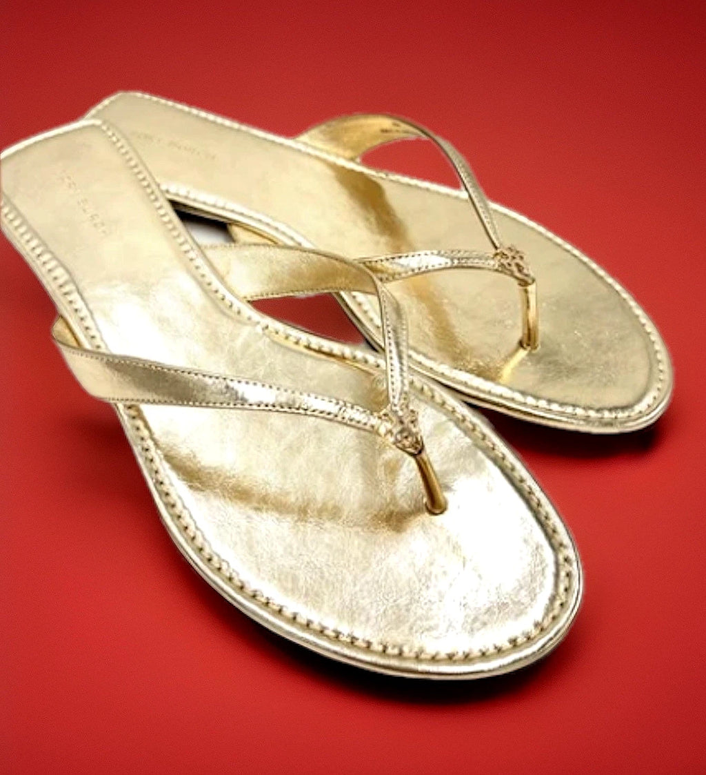 TORY BURCH CLASSIC FLIP FLOP CRINKLE METALLIC LEATHER SPARK GOLD SZ US 10 NIB