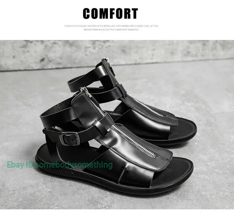 38-45 Mens Slingback Open Toe Buckle Sandals Flats Summer Roman Style PU Leather