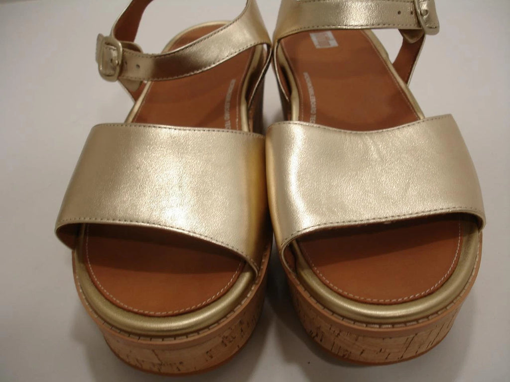 Womens 11 M FitFlop Eloise Platino Metallic Gold Cork-Wrap Leather Wedge Sandals
