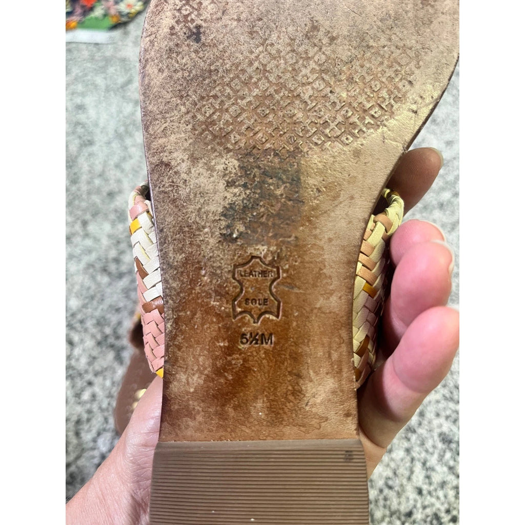 Tory Burch Woven Braided Leather Thong Sandals Gold Medallion Slides Boho Resort