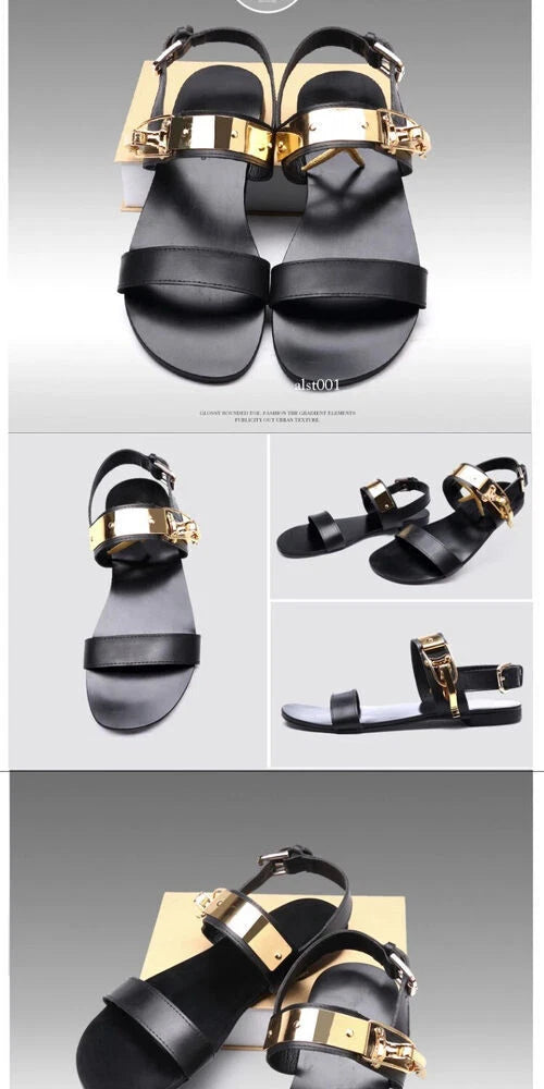 Open Toe Sandals Slingback Metal Trim Casual Real Leather Mens Shoes Roman Style
