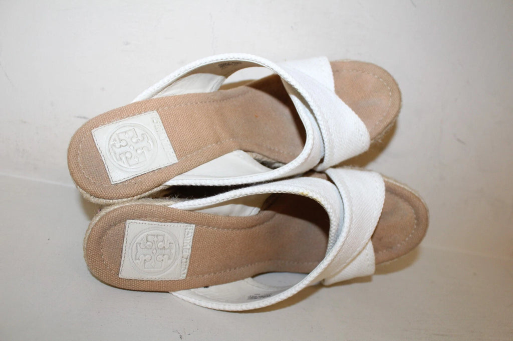 Tory Burch Wedge Kristen Sandal Wedge Heel Sz 8 M Gold Signature Logo White