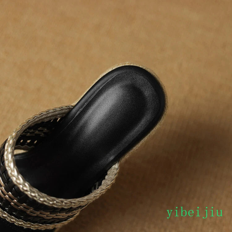 Women's Slipper Hemp Straw Weaving Platform Wedge Heel Mules Slides Sandals Lady
