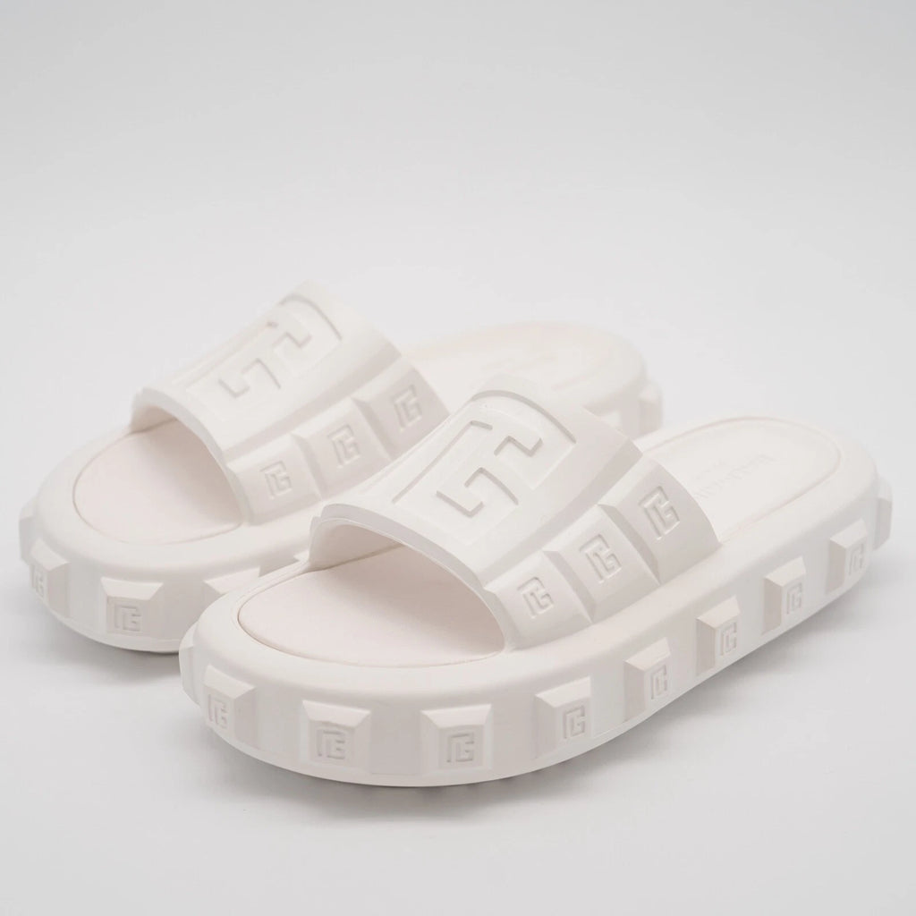 size 38-39 Balmain White Ari Women Rubber Slip On Slides Sandal Embossed Logo