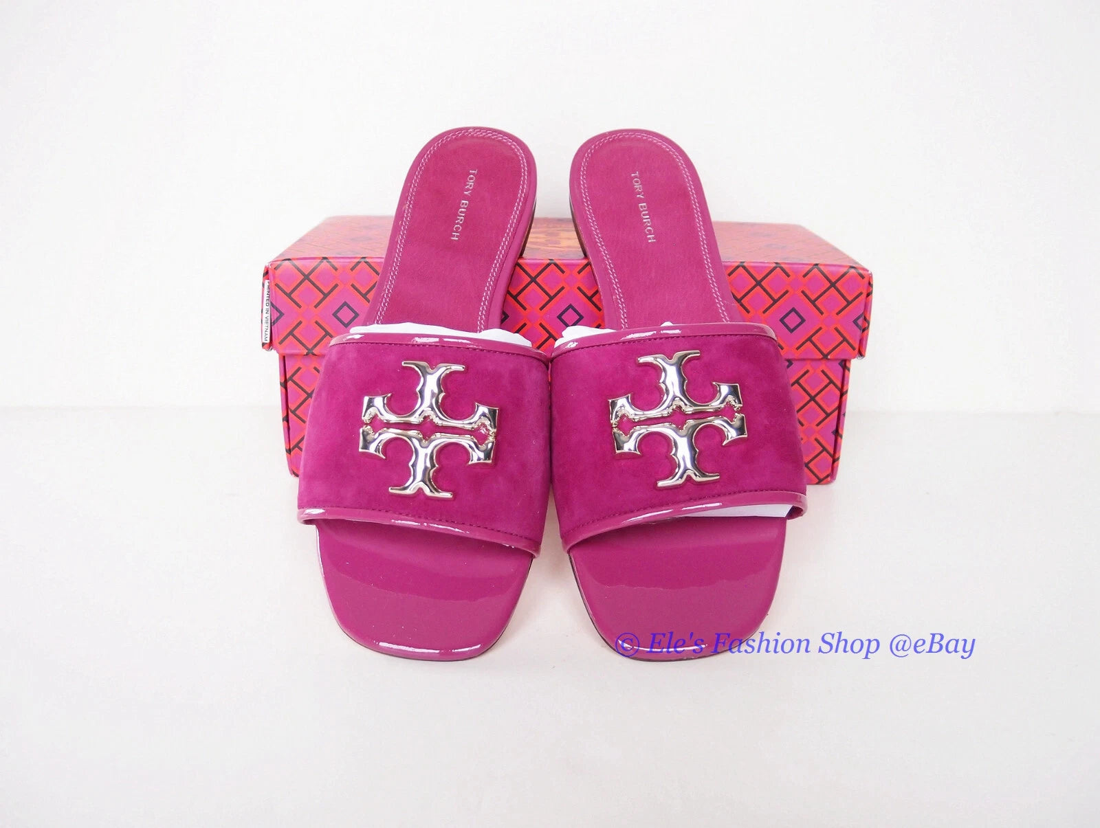 NIB Tory Burch Eleanor Slide Leather Sandal Fuchsia Pink US 9 AUTHENTIC