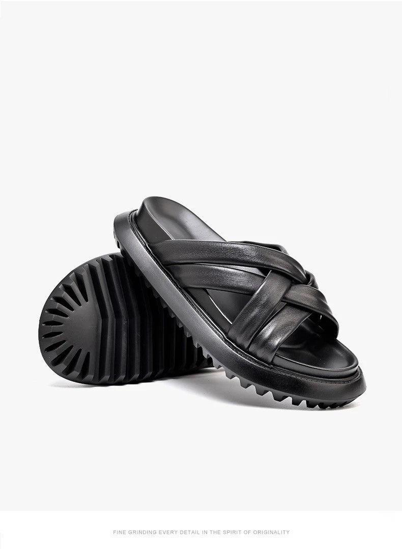 Roman Style Mens Open Toe Real Leather Cowhide Sandals Slippers Shoes Summer New
