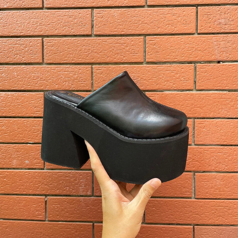 Women's High Platform High Block Heel  Slippers Slides Round Toe Sandals Shoes