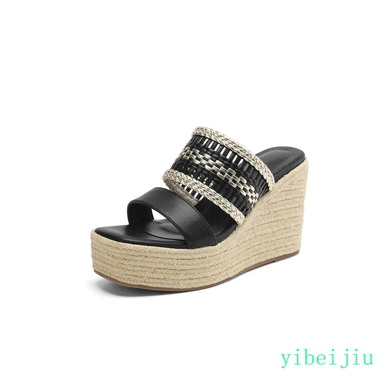 Women's Slipper Hemp Straw Weaving Platform Wedge Heel Mules Slides Sandals Lady