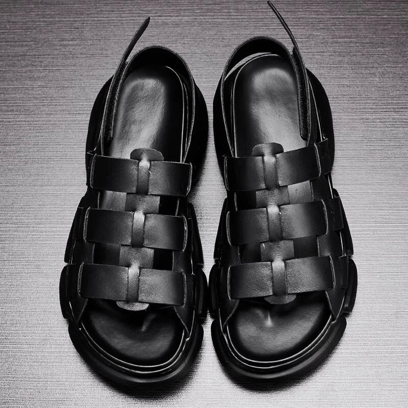 2025 Summer Men's Roman Real Leather Sandals Platform Open Toe Flat Shoes Casual
