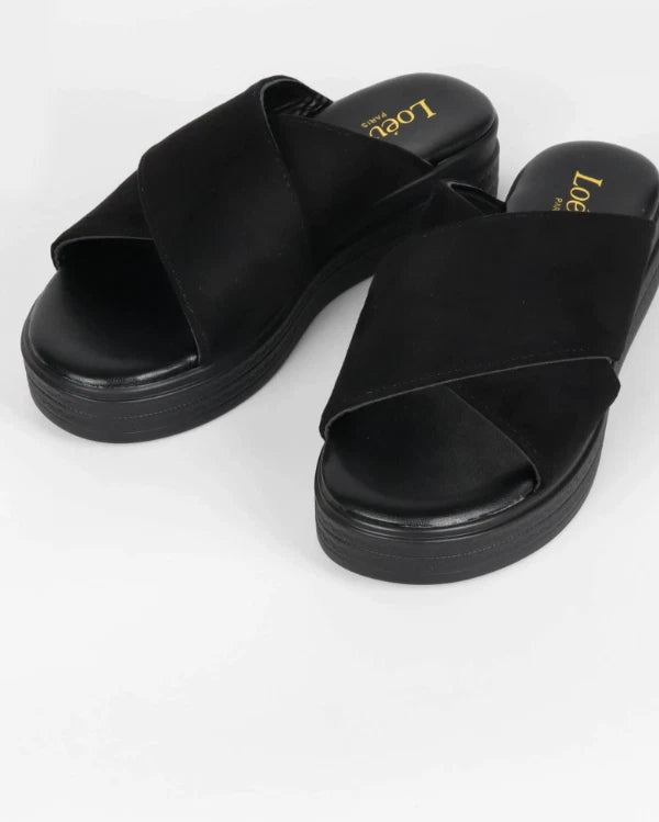 Women's Casual Suede Crossover Open Toe High Platform Mule Sandals / Sliders