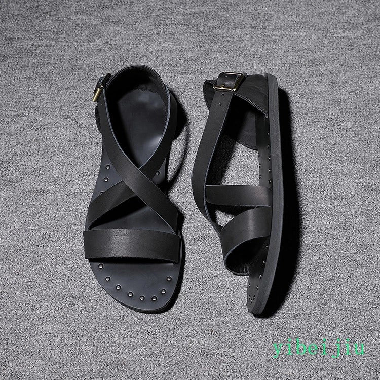 Fashion Men's Real Leather Summer Beach Roman Sandals Studded Shoes Flat Vintage