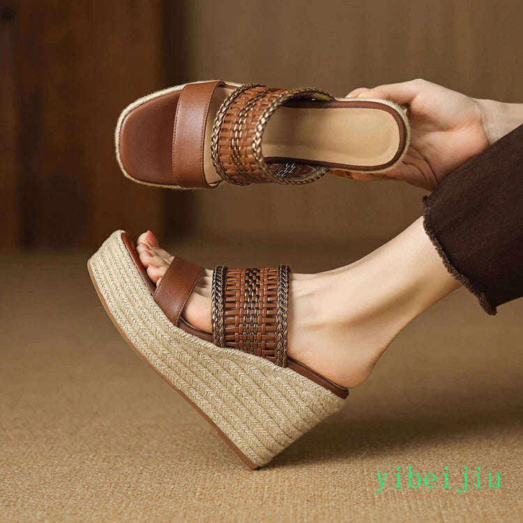 Women's Slipper Hemp Straw Weaving Platform Wedge Heel Mules Slides Sandals Lady