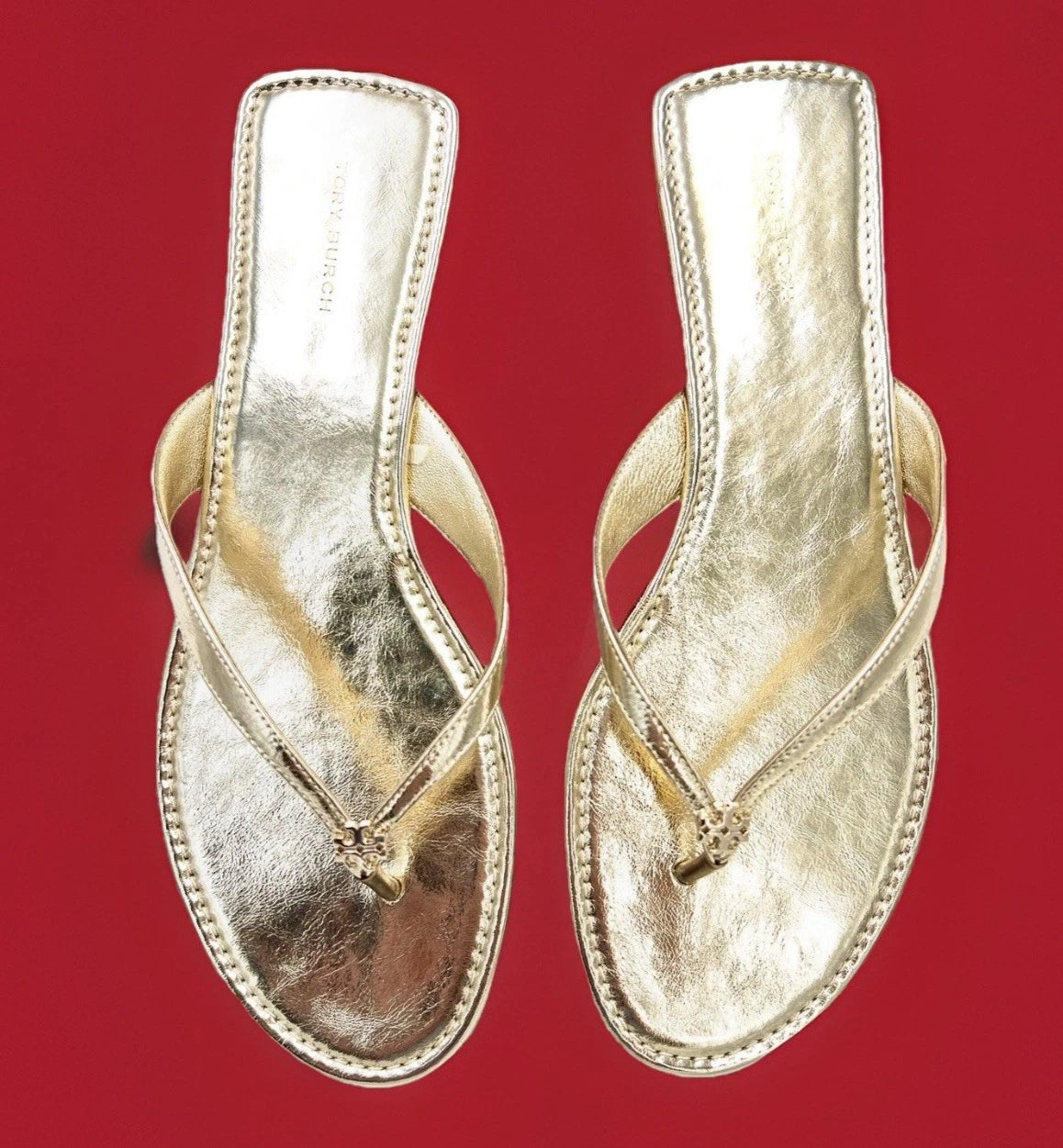 TORY BURCH CLASSIC FLIP FLOP CRINKLE METALLIC LEATHER SPARK GOLD SZ US 10 NIB