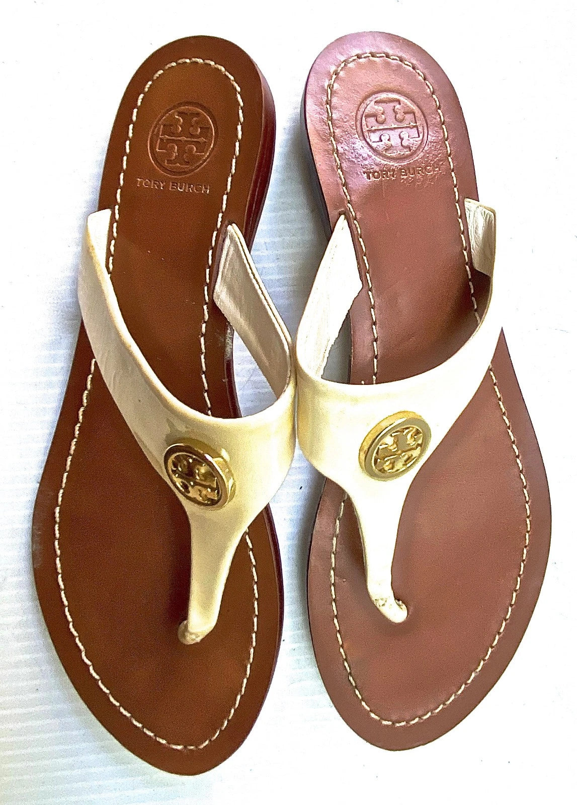 TORI BURCH Women's IVORY LEATHER STRAP FASHION FLIP FLOPS SZ 7M VERY GOOD+ COND.